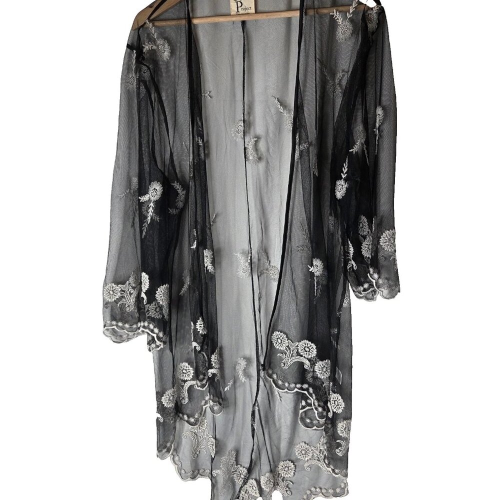 Haute Project Women's Size XL Sheer Black Kimono Robe Cover Up Floral Stitching